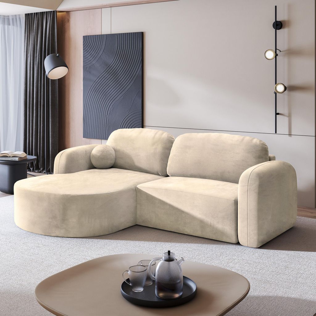 Masseno Ecksofa AMILIA M mit Schlaffunktion L-Form, Sofa mit Bettkasten, Wohnzimmersofa, Couch, Soffa, Bettsofa, Couchgarnitur- Creme, MONOLITH 04
