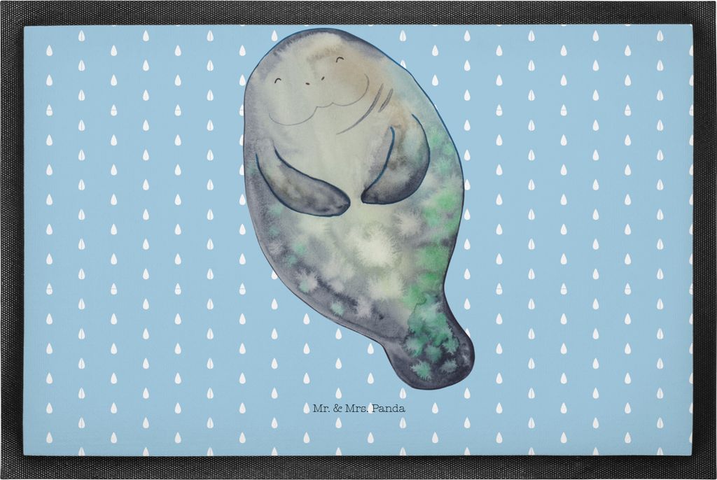 Mr. & Mrs. Panda fußmatte Seekuh Happy 50 x 75 cm - Blau Pastell - Geschenk, Gummimatte, Schmutzfangmatte, Freundin, Liebeskummer, Neustart, Zufri...