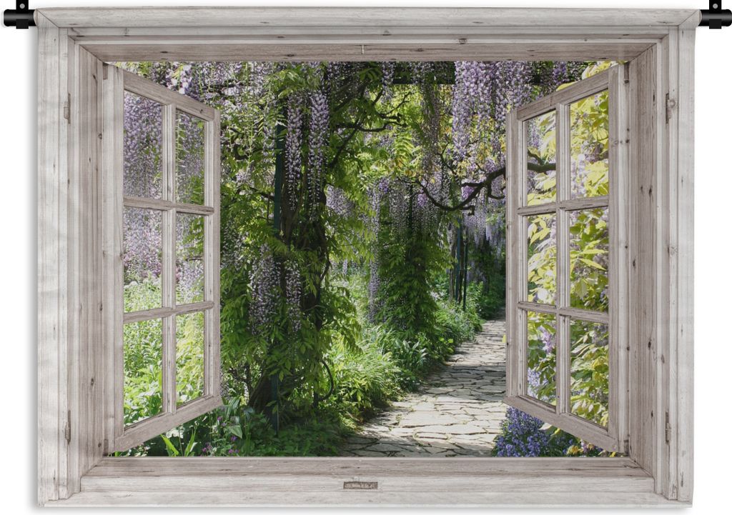 MuchoWow Wandteppich Wandbehang Blauer Regen - Blumen - Aussicht - Baum - Frühling 90x67.5 cm Tapisserie Dekoration Wandtuch - Fototeppich - Wan...