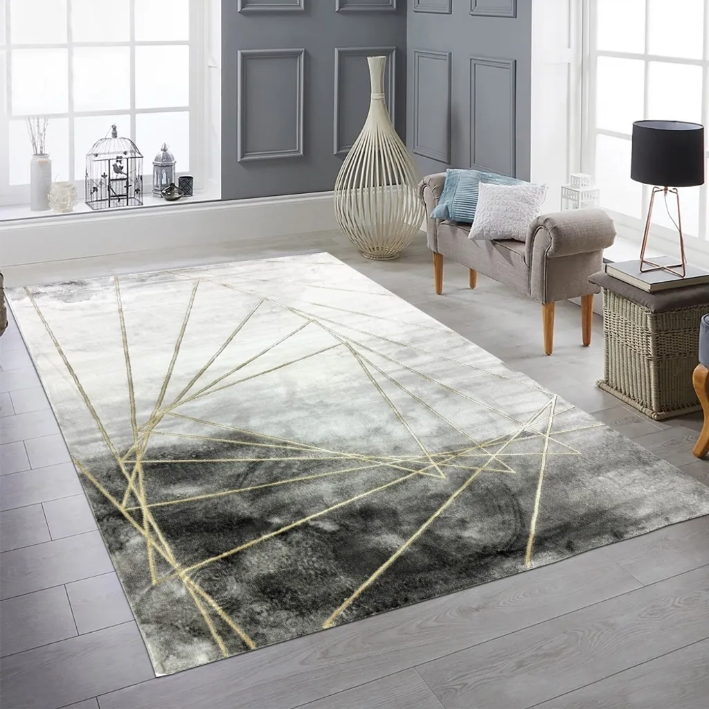 Tapis de salon motif marbre et lignes dorées Garu Gold 200 x 290 cm
