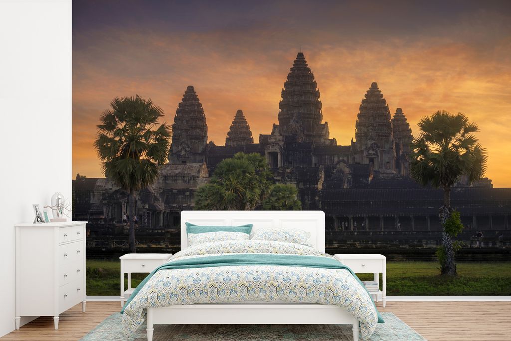 MuchoWow Fototapete für Wohnzimmer oder Schlafzimmer Wandtapete Vinyl Motivtapete Sonnenaufgang am Tempel von Angkor Wat Kambodscha - 360x240 cm...