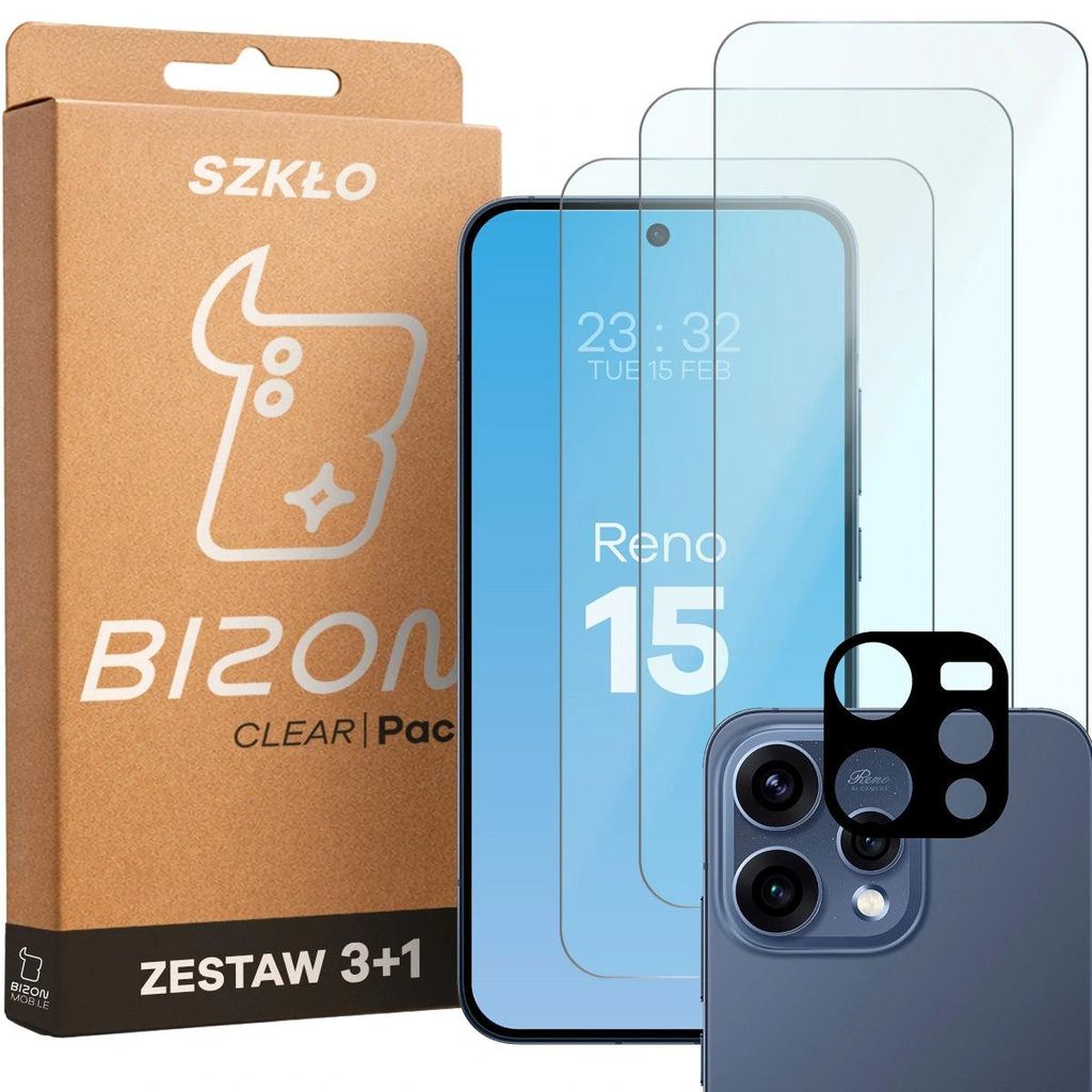 3x Gehärtetes Glas + Kameraschutz für Oppo Reno 15, Bizon Glass Clear Pack