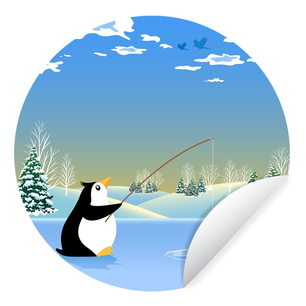 MuchoWow Runde Wandtattoo - Wandsticker Tapete Aufkleber Illustration eines fischenden Pinguins Ø 80 cm Selbstklebend und Repositionierbar - Wan...