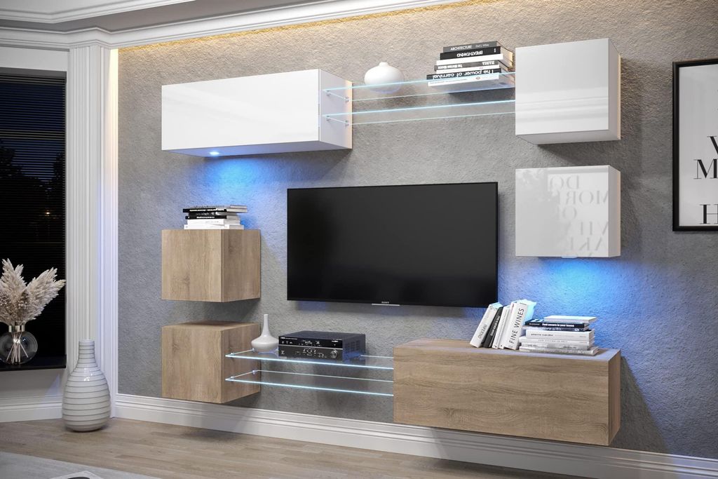 Furnitech Wohnwand Wohnzimmer - Hängend Wohnwand Modern - Regale und TV Schrank - Wohnzimmer Möbel ohne LED (AN65N-21WS-HGM11)