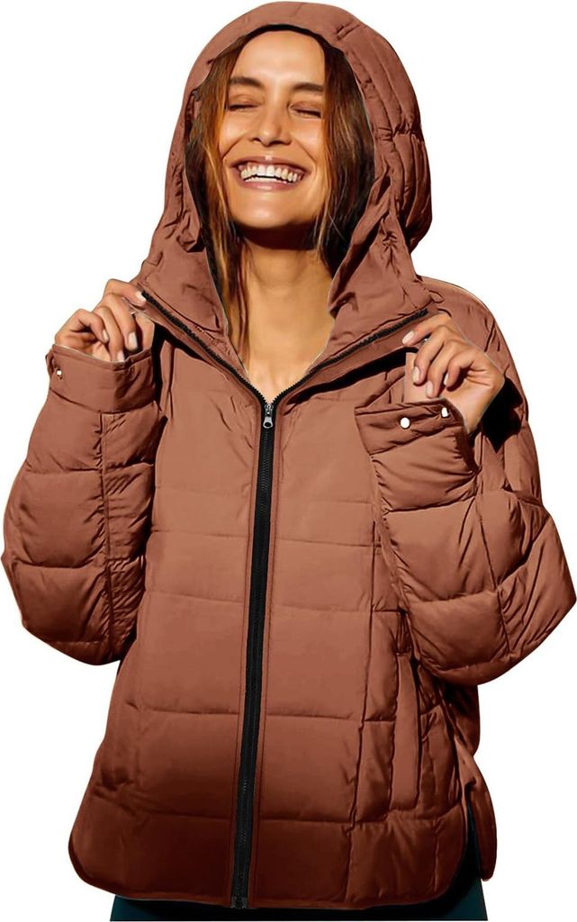 ASKSA Damen Steppjacke Leicht Kurz Kapuze Wintermantel Daunenjacke Jacke Laessig Outdoorjacke mit Taschen (Kaffee,L)
