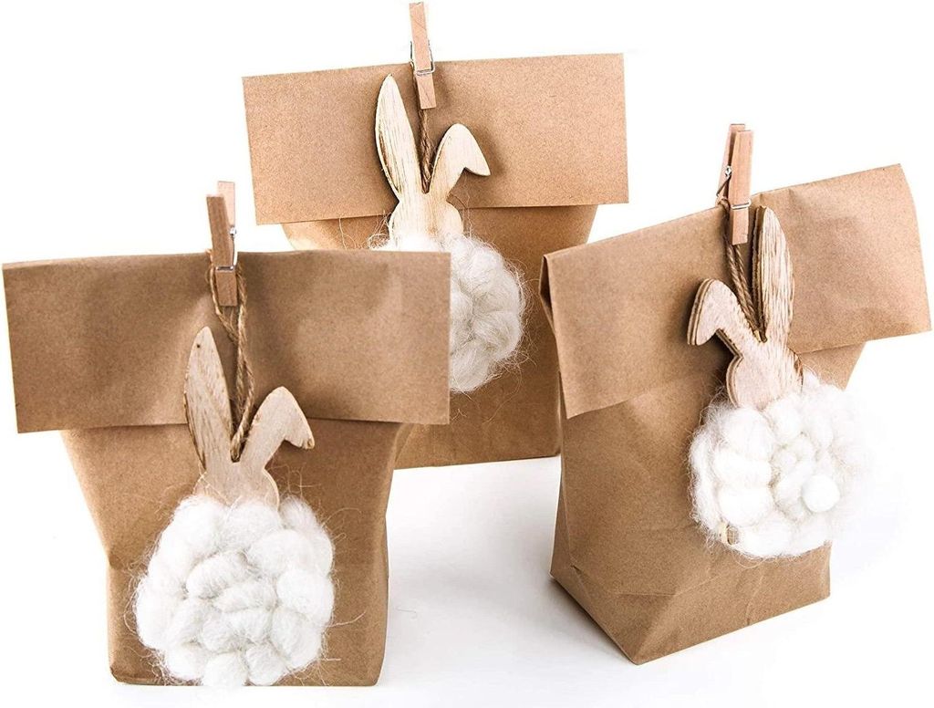 Logbuch-Verlag Set Ostern Verpackung: 6 Papiertüte braun 14 x 22 cm + 6 weiße Osterhasen Anhänger Osterdeko Hänger Osternest Kinder give-Away K...