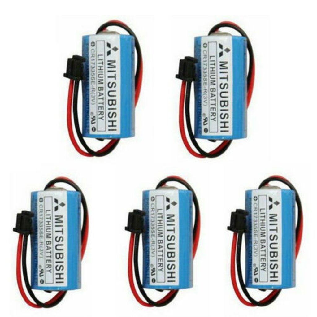 Five Mitsubishi lithium batteries with wires and connectors are arranged in a grid on a white background.