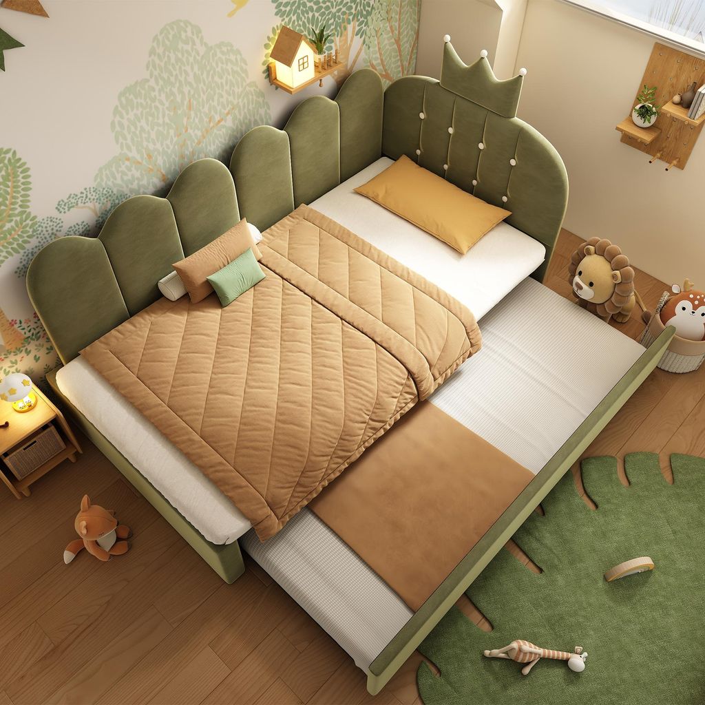 STILVORA Sofabett 90x200 cm mit Ausziehbett 90x190 cm, Einzelbett Gästebett in L-Form aus Samt mit Kronen-Gitter-Design, Kinderbett platzsparend f...
