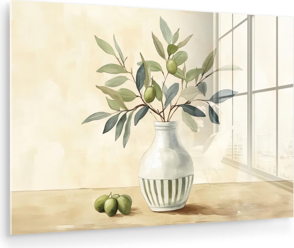 MuchoWow Glasbilder - Bilder auf Wandbild - Foto auf Glas Vase - Keramik - Olivenzweige 60x40 cm Wanddekoration aus Glas - Acrylglasbild - Acrylbil...