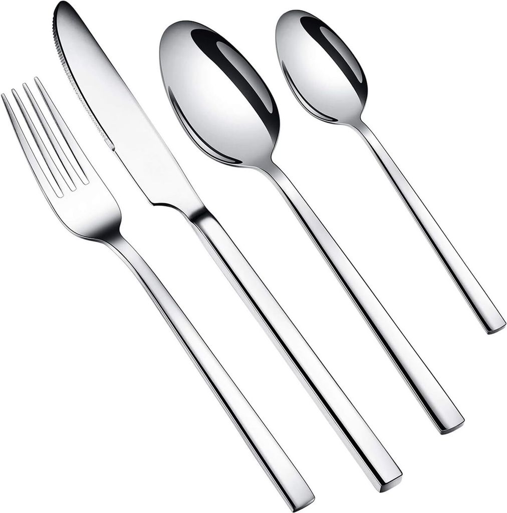 A set of four stainless steel cutlery items, including a fork, knife, and two spoons, arranged diagonally on a white background.