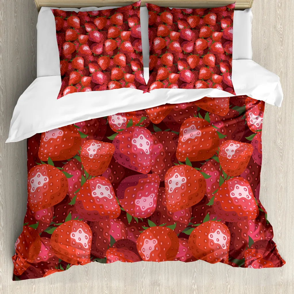 ABAKUHAUS rosso Copripiumino, Fragole Frutti maturi, Antiacaro Adatto a chi soffre di allergie con federe, 200 cm x 200 cm - 80 x 80 cm, Verde giada e rosso