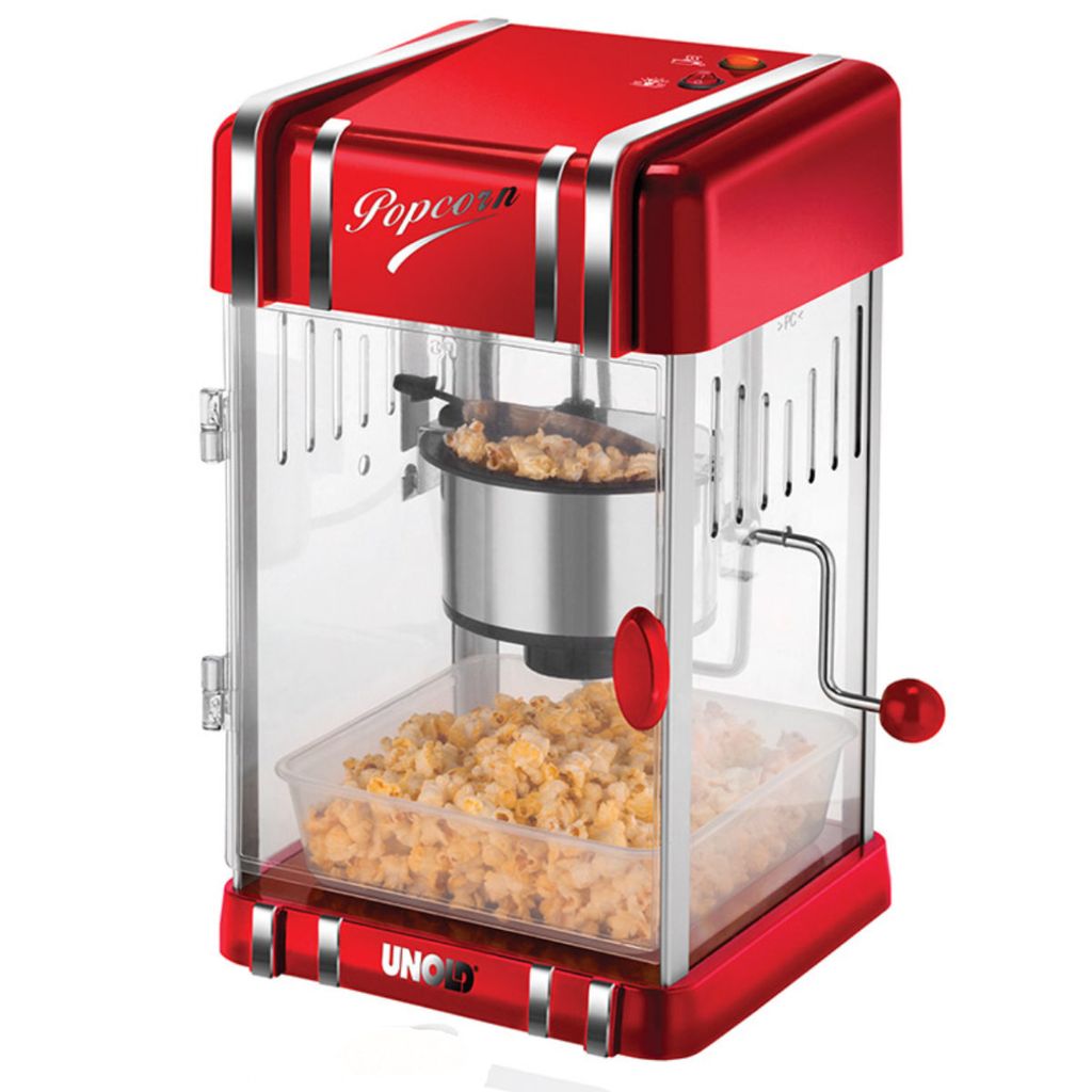 A red retro-style popcorn machine with a clear viewing window, filled with popcorn.