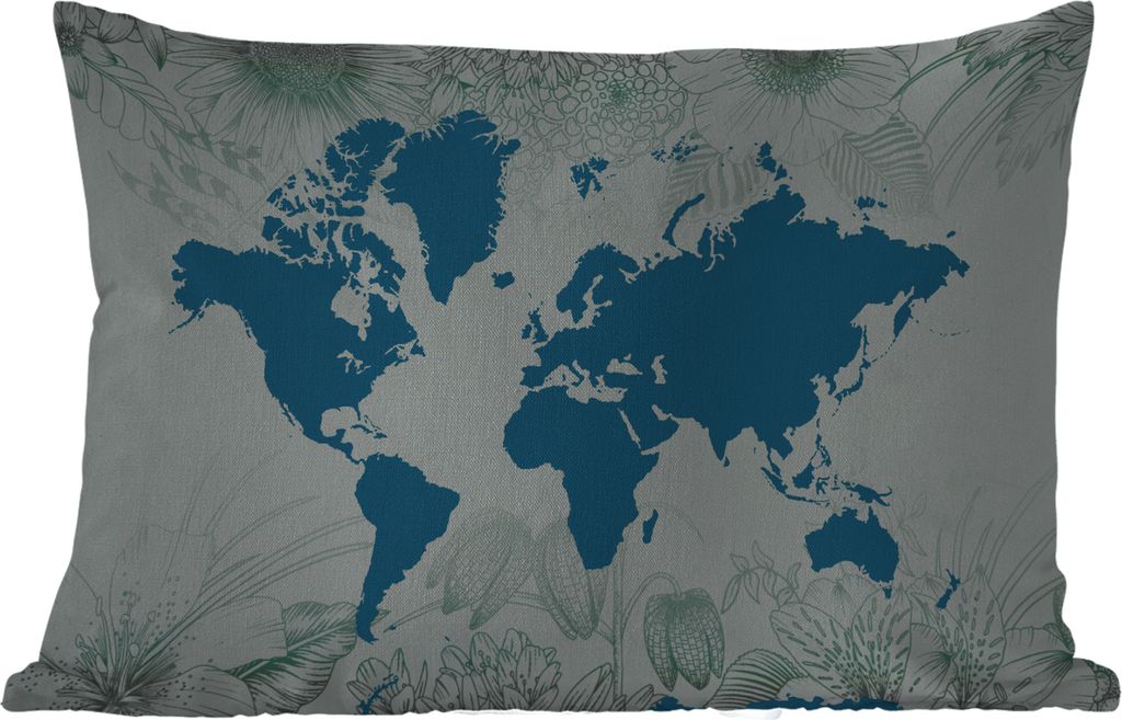 MuchoWow Outdoor Kissen - Weltkarte - Grau - Blau - 50x30 cm - Wetterfest - Lounge Kissen - Sofa kissen - Wohnzimmer Dekoration