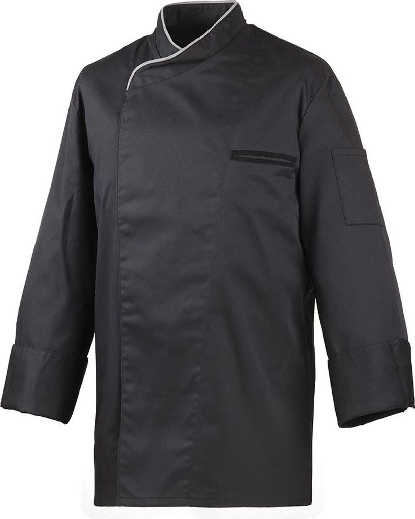 Kochjacke langarm, mit Druckknöpfen, Fb. schwarz, Paspel silber, Gr. L : 65% Polyester 35%Baumwolle 220 g/m² : silbergrau : L