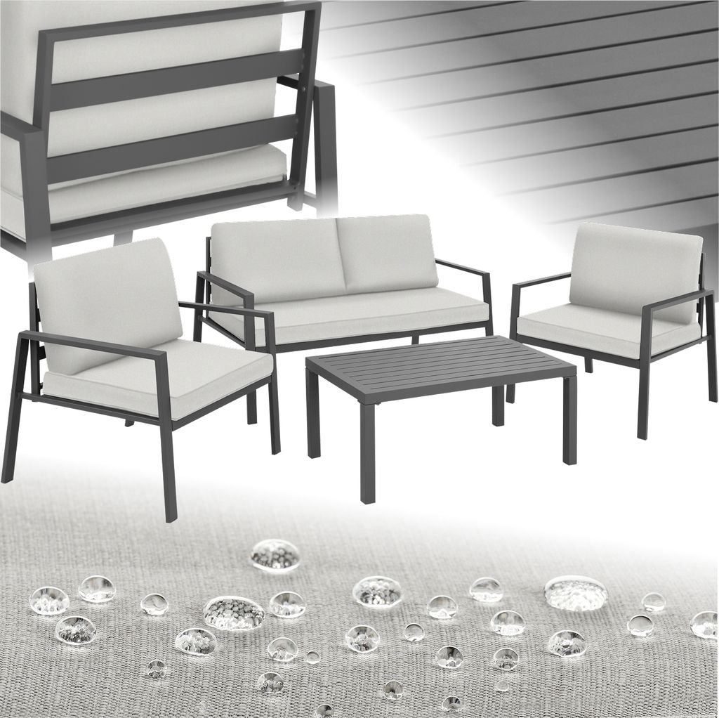 A collage of outdoor furniture, including chairs, a sofa, and a coffee table, with water droplets on a textured surface in the foreground.