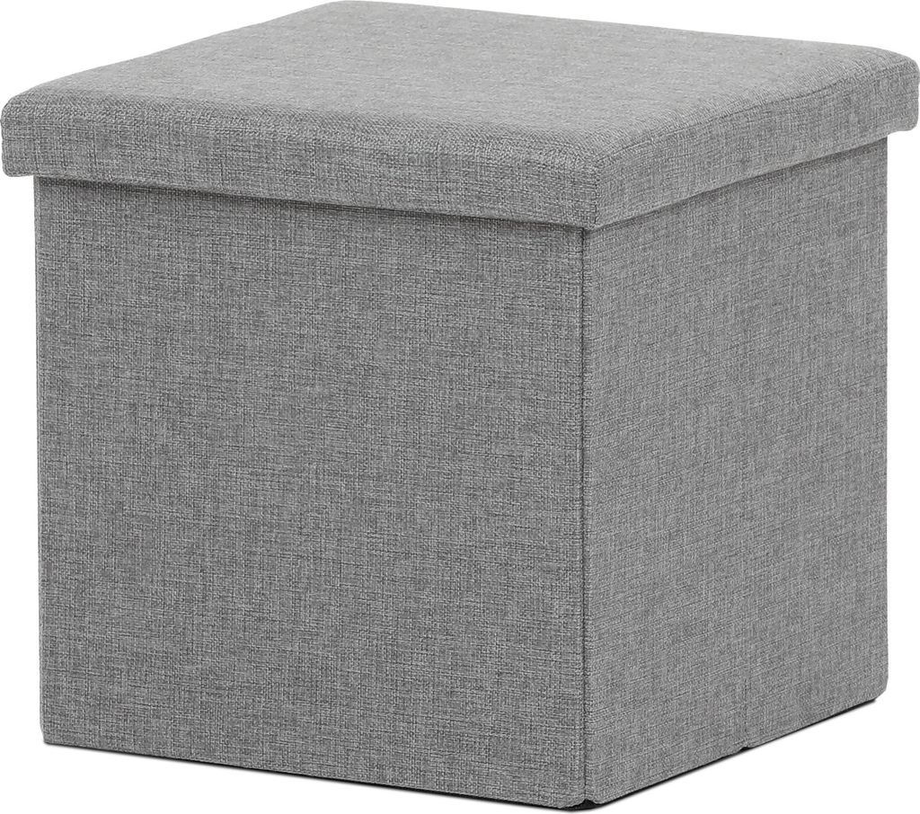 A gray fabric ottoman is shown against a white background.