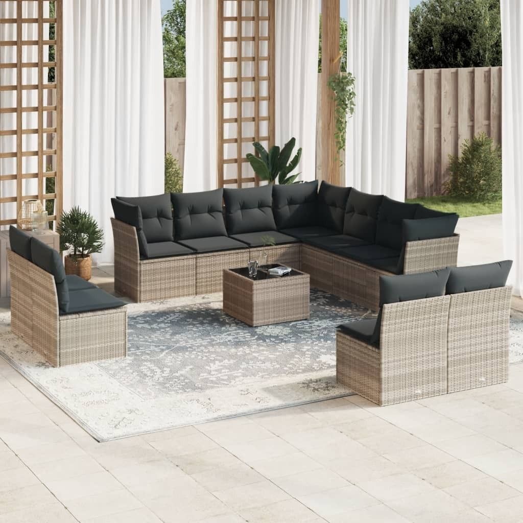 Industrie-Stil 12-tlg. Garten-Sofagarnitur Sofa Set mit Kissen Hellgrau Poly Rattan Terrassenmöbel2024 cloris