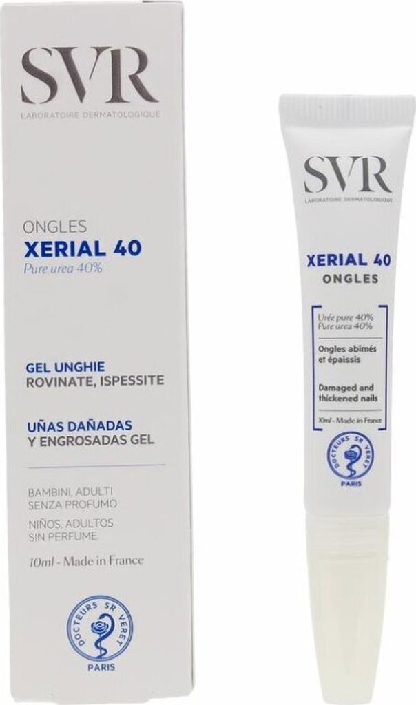A product box and tube of SVR Xerial 40 nail treatment gel are shown side-by-side against a white background.