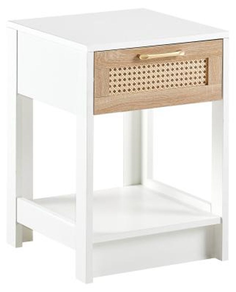 Rattan Beistelltisch 40x40x55cm Natur Weiss MDF Modern Nachttisch Wohnzimmer Schlafzimmer Mit Schublade