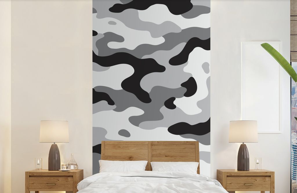 MuchoWow Fototapete für Wohnzimmer oder Schlafzimmer Wandtapete Vinyl Motivtapete Schwarz-weißes Camouflage-Muster - 120x240 cm - Hintergrundbild