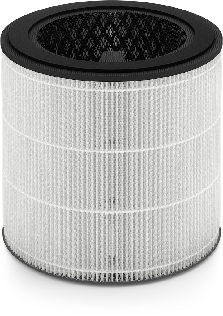 A cylindrical air filter with pleated white filter paper and a black top rim.