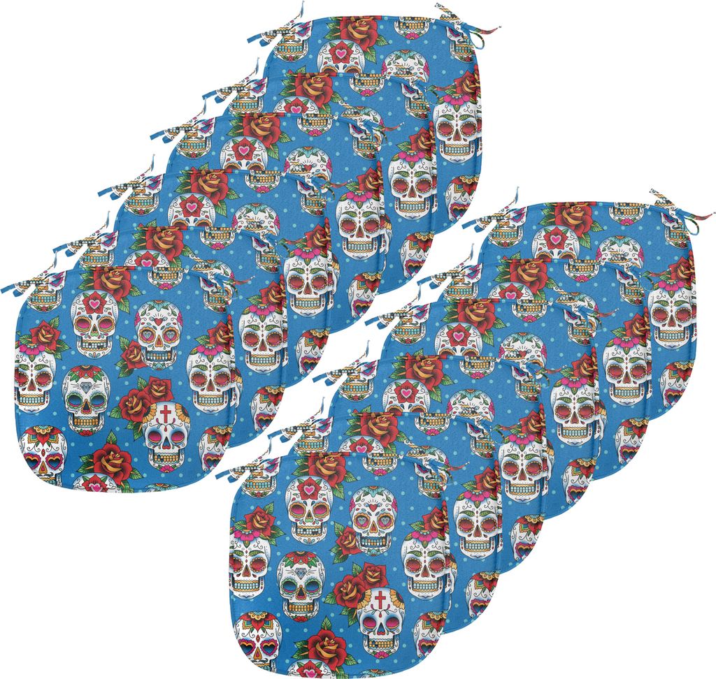 ABAKUHAUS Zuckerschädel Polster für Esszimmerstühle, Floral Roses Schädel, Dekoratives wasserfestes Kissen mit Riemen für Küchensitze, 40 cm ...