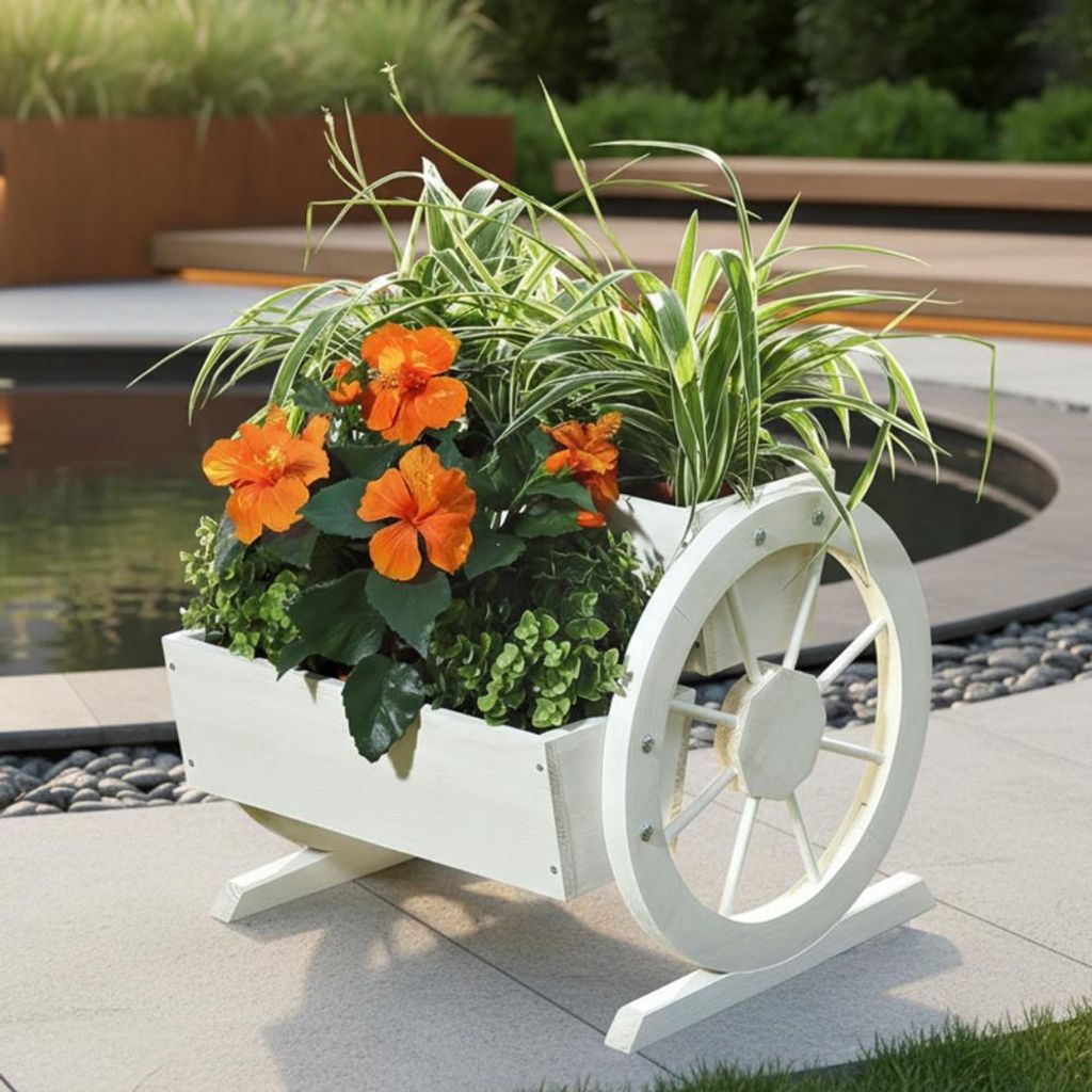 Holz Pflanzkübel + Wagenräder Garten Dekoration Blumentrog Holzkasten weiß