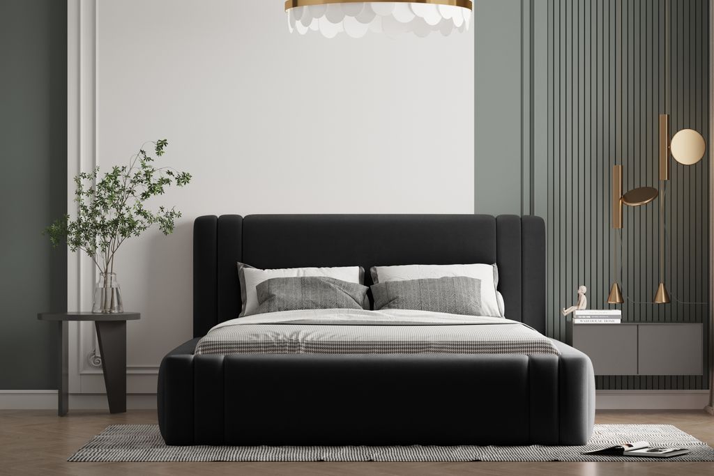 Polsterbett ROLF 120 x 200 mit Matratze, Bettkasten und Lattenrost. Farbe: Schwarz