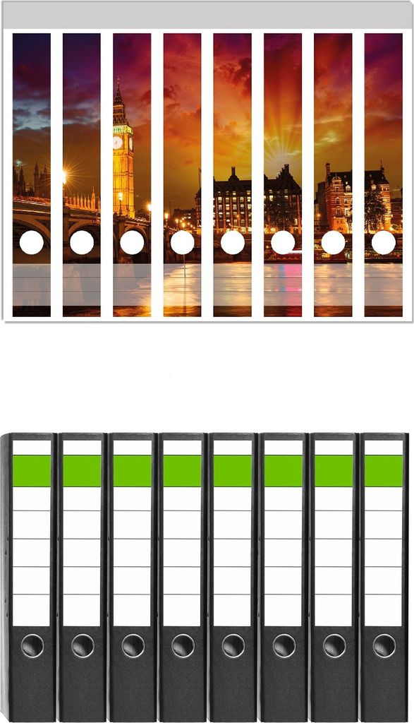 Wallario 8 Stück schmale Ordner inkl. Klebeetiketten mit Motive London - Big Ben in strahlenden Farben - Set mit Rückenschildern / Ordnerrücken...
