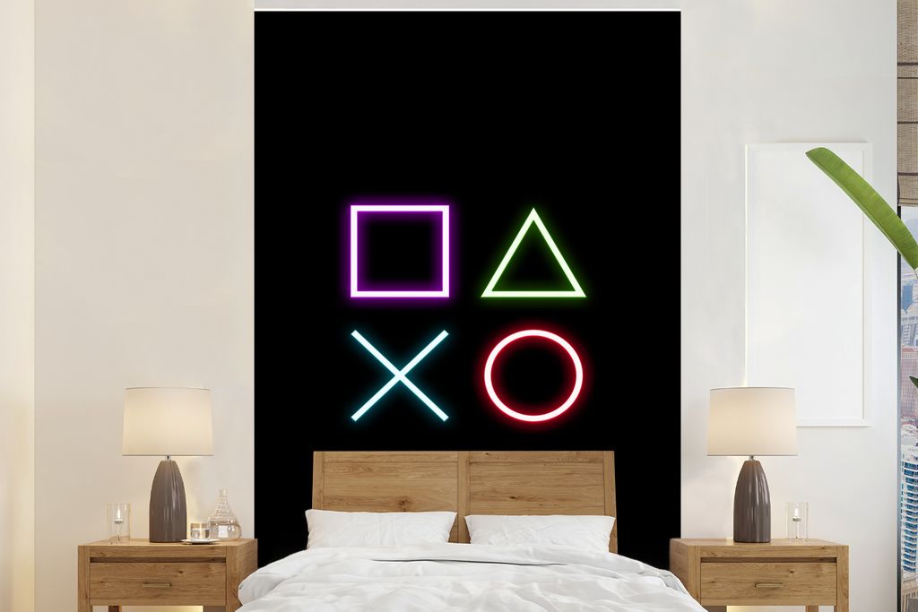 MuchoWow Fototapete für Wohnzimmer oder Schlafzimmer Wandtapete Vinyl Motivtapete Gaming - Neon - Konsole - Schwarz - Controller - Gaming - 160x...