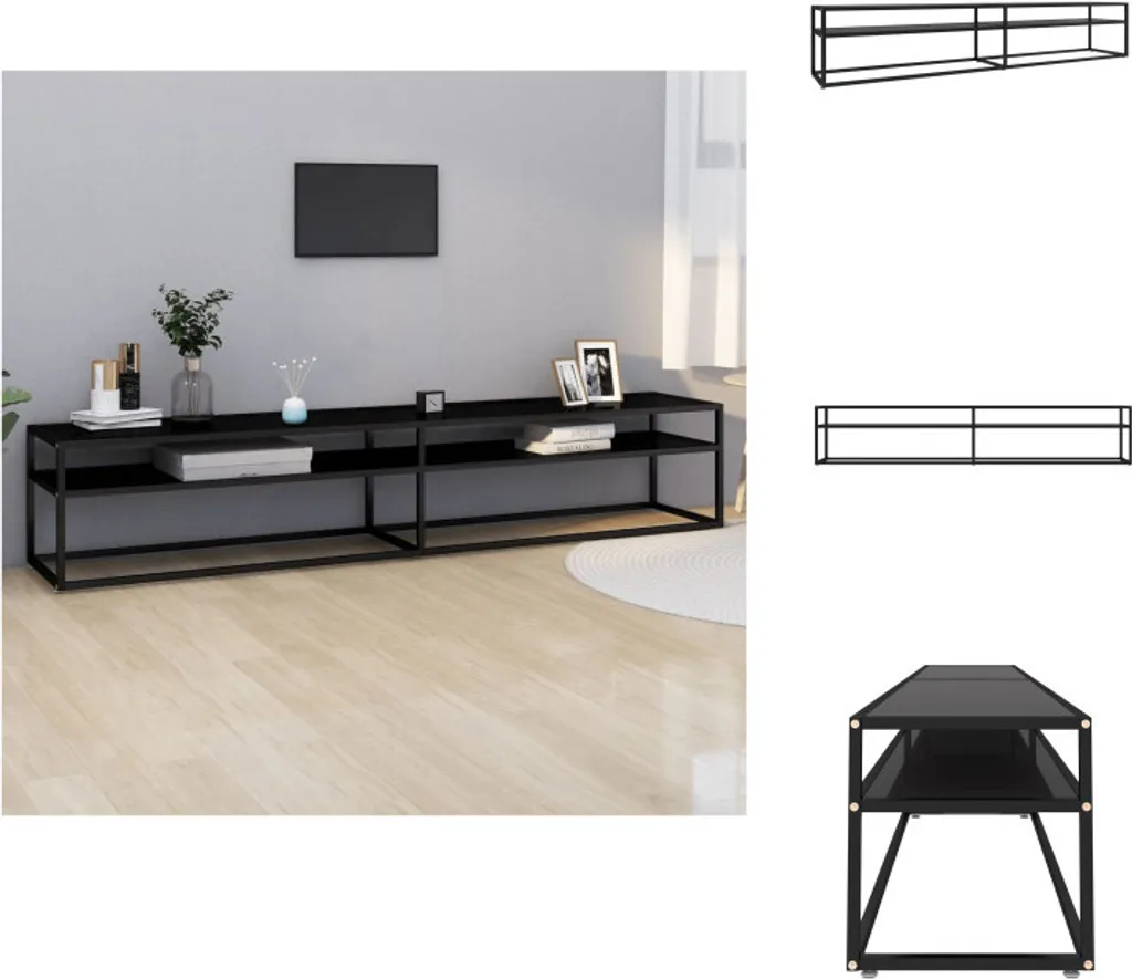 Meuble TV noir de 220 cm avec étagères en verre trempé pour salon chic