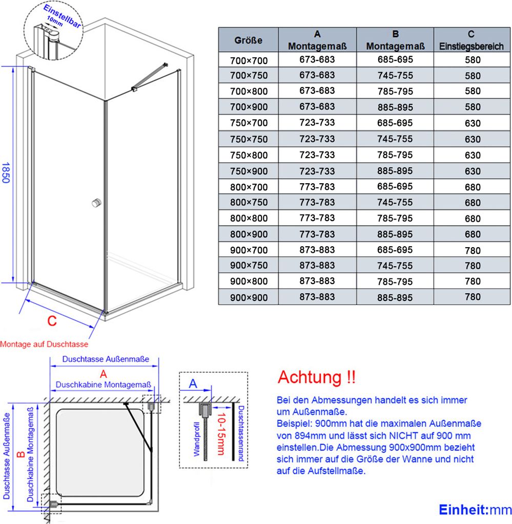 A diagram and table showing the dimensions and specifications of a shower cabin.