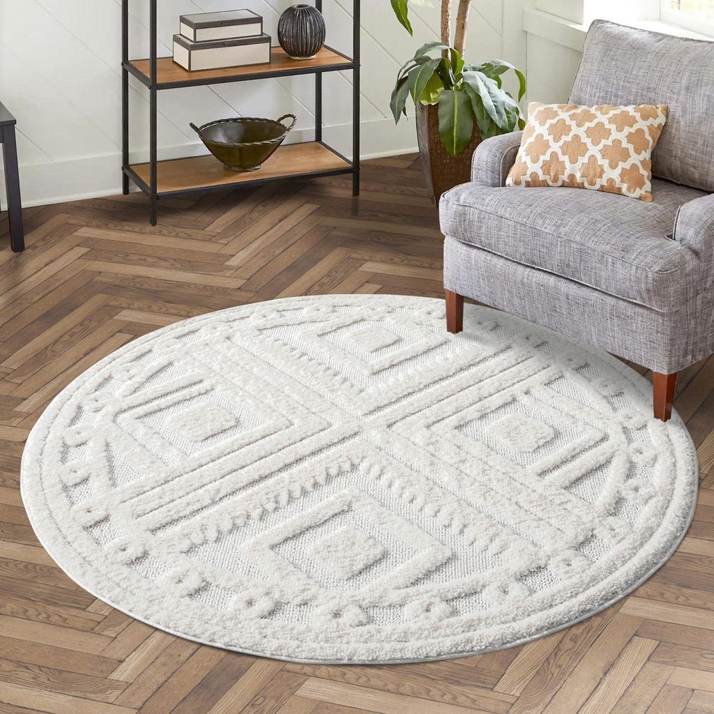 Teppich Hochflor Wohnzimmer - 160 cm Rund - Weiß/ Creme - Hochtief-Muster/ 3D-Effekt Raute