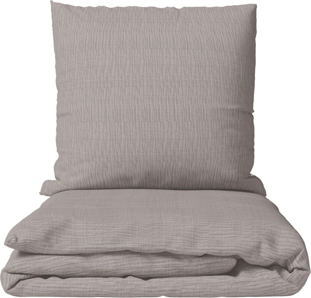 Musselin Bettwäsche 155x220 cm Baumwolle Grau Einfarbig mit Knopfverschluss Modern Hochwertig