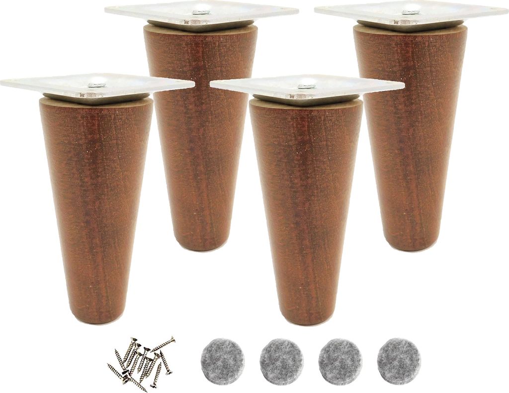 A set of four tapered wooden furniture legs with metal tops and screws, along with felt pads, are displayed against a white background.