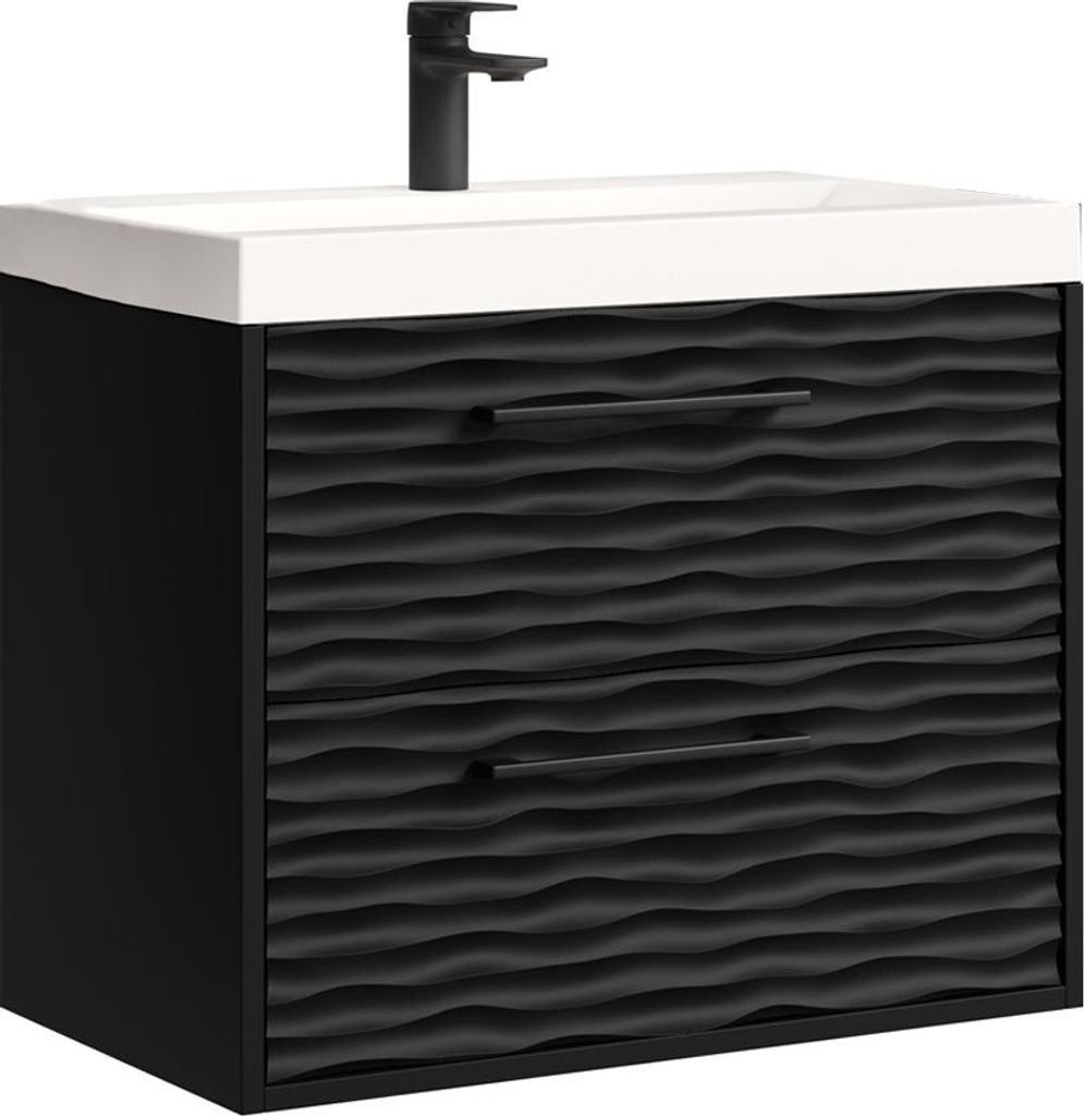 A black bathroom vanity set with a white sink and a black faucet.