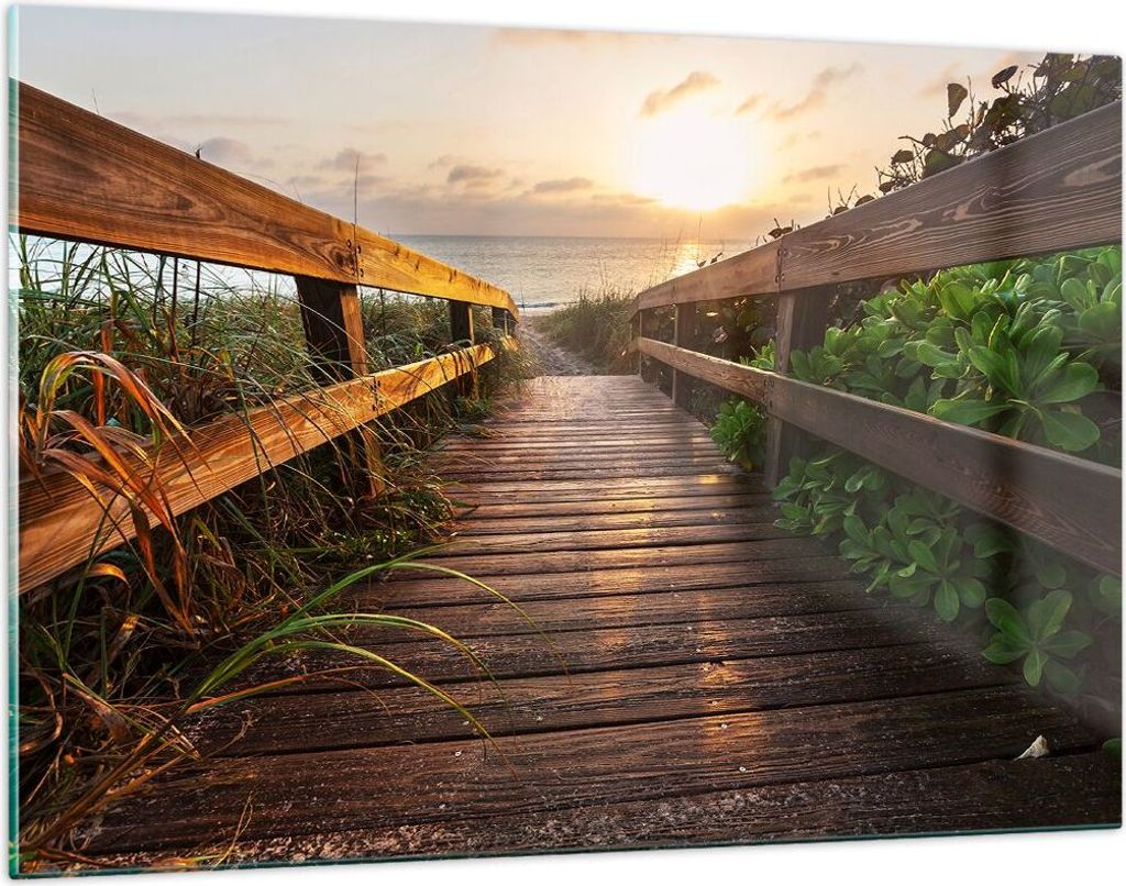 Bilder auf glas - Fußgängerbrücke Meer Strand Ufer - 120x80cm - Glasbilder - Wandbilder - Kunstdruck - zum Aufhängen bereit - Wanddekoration au...
