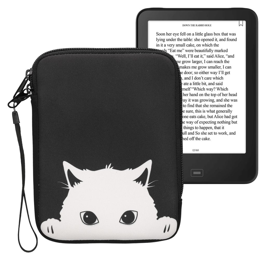 kwmobile Tasche für eReader - Neopren Hülle Schutzhülle Neugierige Katze Schwarz Weiß - 17 x 12 x 2 cm Innenmaße