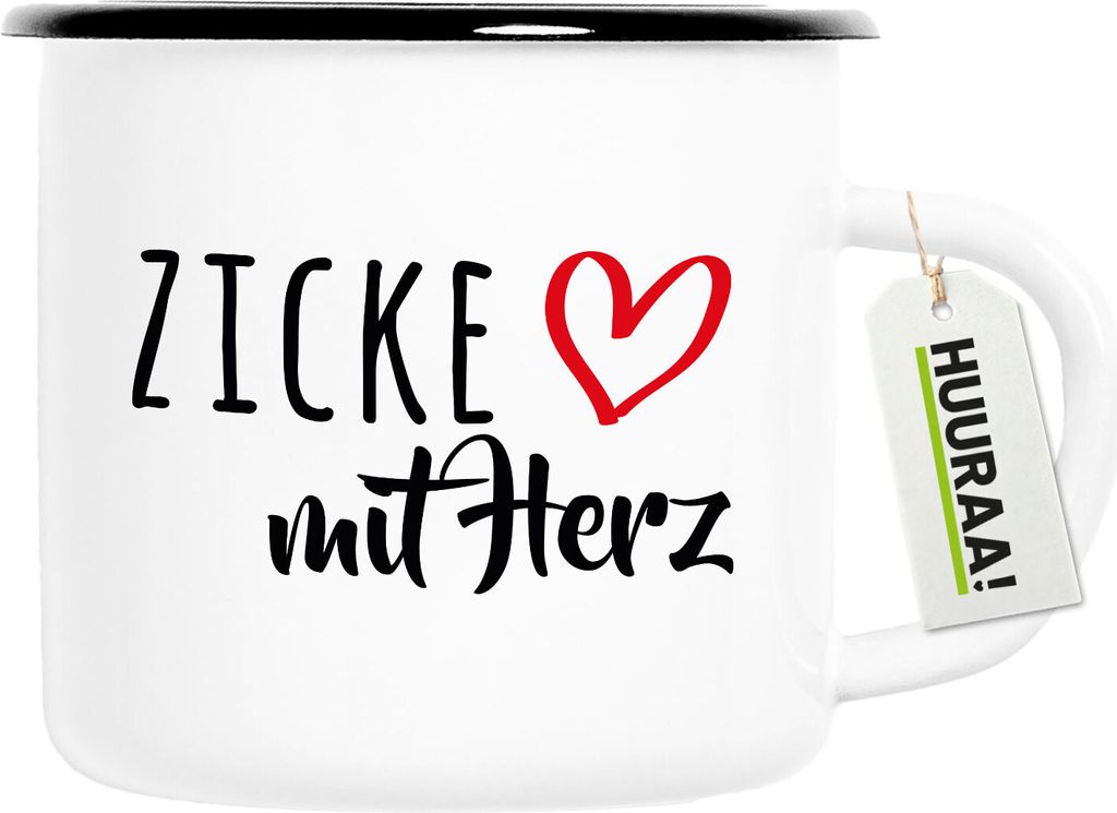 Huuraa Emaille Tasse Zicke mit Herz 300ml Vintage Campingbecher Geschenkidee
