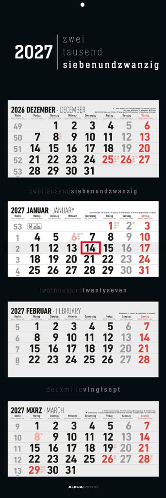 Kalender 2027 Schwarz 4-Monatsübersicht 33x20 cm (gefaltet) mit Datumsschieber und Metallöse