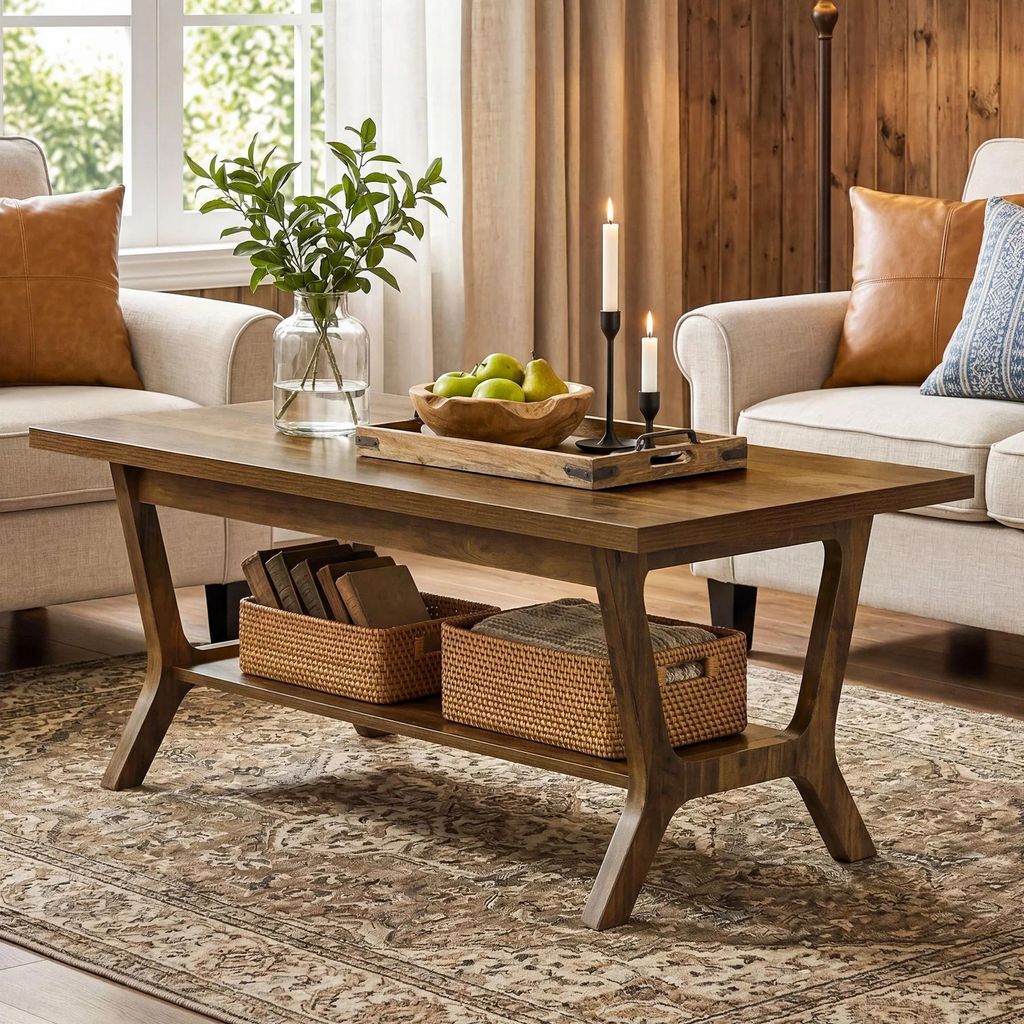Couchtisch für Wohnzimmer - Rechteckiger Wohnzimmertisch - Landhaus Design - Rustikaler Holztisch mit Ablagefach - 120x60x50 cm - Rustic Brown