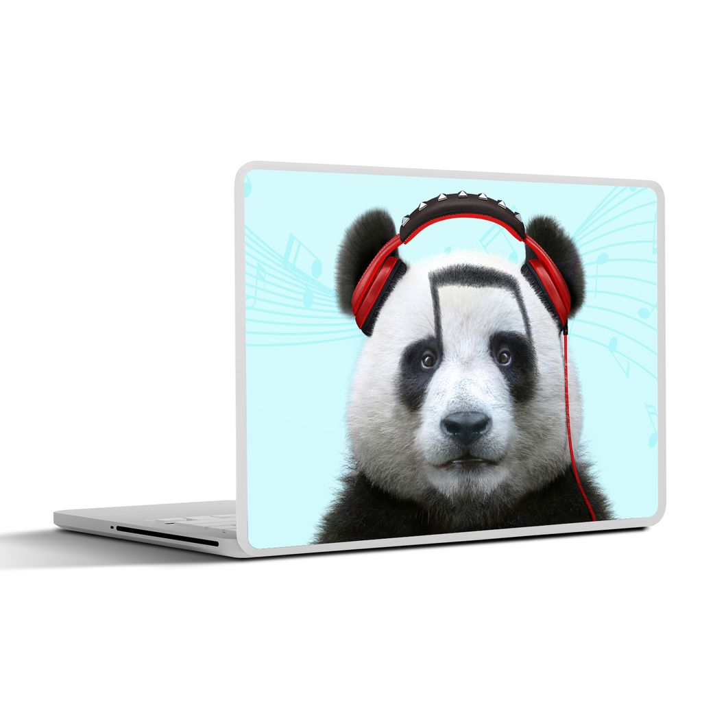 MuchoWow Laptop Aufkleber Sticker Cover Panda - Kopfhörer - Tier - Musiknoten - Rot 25x18 cm - Laptop-Deko