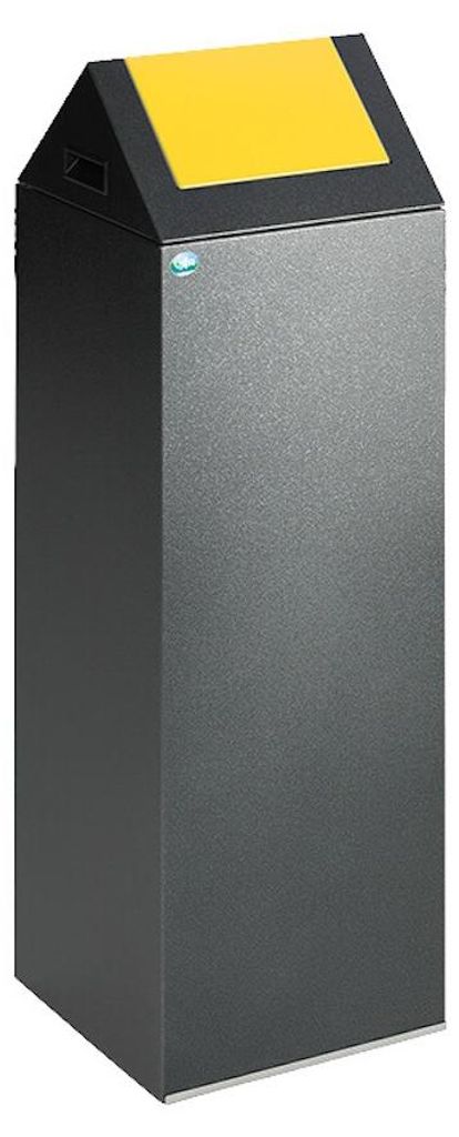 Selbstlöschender Wertstoffsammler spitz mit Einwurfklappe | 89 Liter, HxBxT 104,5x32x32cm | Verzinkter Stahl | Grau-Gelb