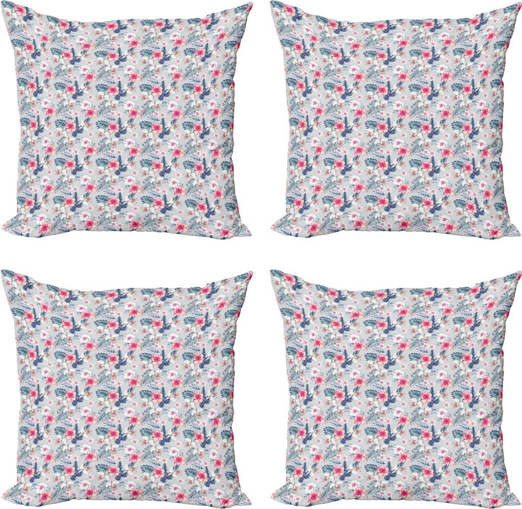 ABAKUHAUS Tropisch Kissenbezug Set (4 Stück), Hawaiian Botanical, Moderner Doppelseitiger Digitaldruck, 50 cm x 50 cm, Pale Grau und Weiß