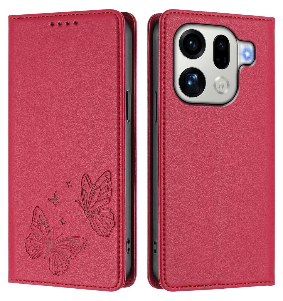 Lederhülle für Oppo Find X9 Pro, Schmetterling Prägung Leder Brieftasche Schutzhülle mit Ständer Rot