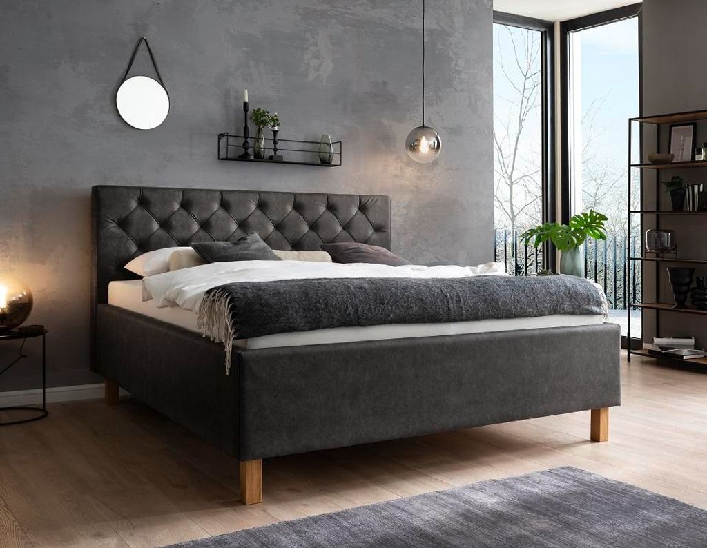 Polsterbett Doppelbett Bett San Remo mit Stoffbezug Bulus 09 anthrazit-180 x 200 cm-eichefarbig