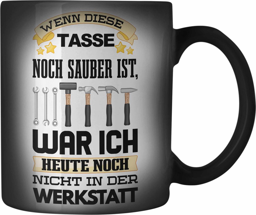 Trendation - Werkstatt Farbwechsel Zauber-Tasse KFZ Mechaniker Mechatroniker Geschenkidee (Schwarz)