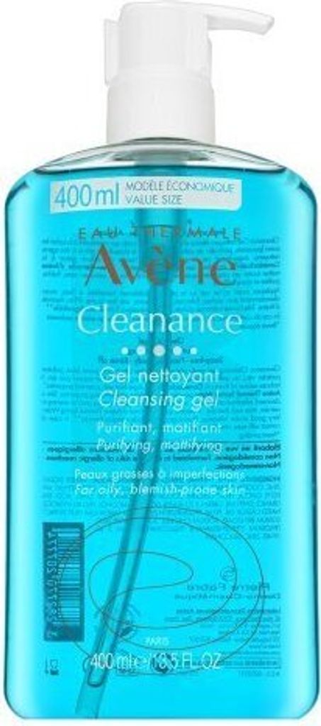 A bottle of Avène Cleanance Cleansing Gel with a pump dispenser.