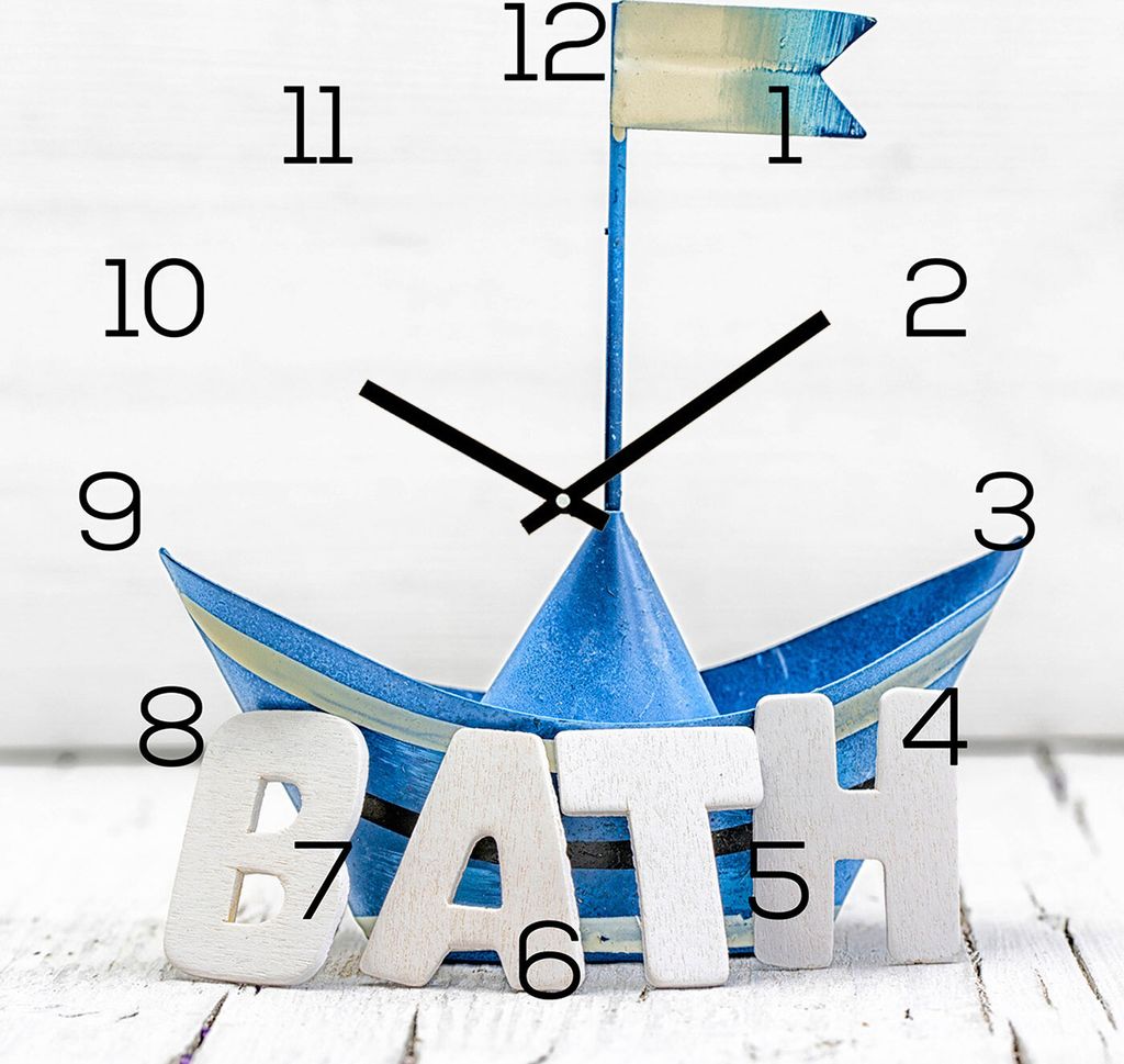 levandeo Wanduhr Glas 30x30cm Glasuhr Uhr Glasbild Bath Bad Maritim Blau Boot