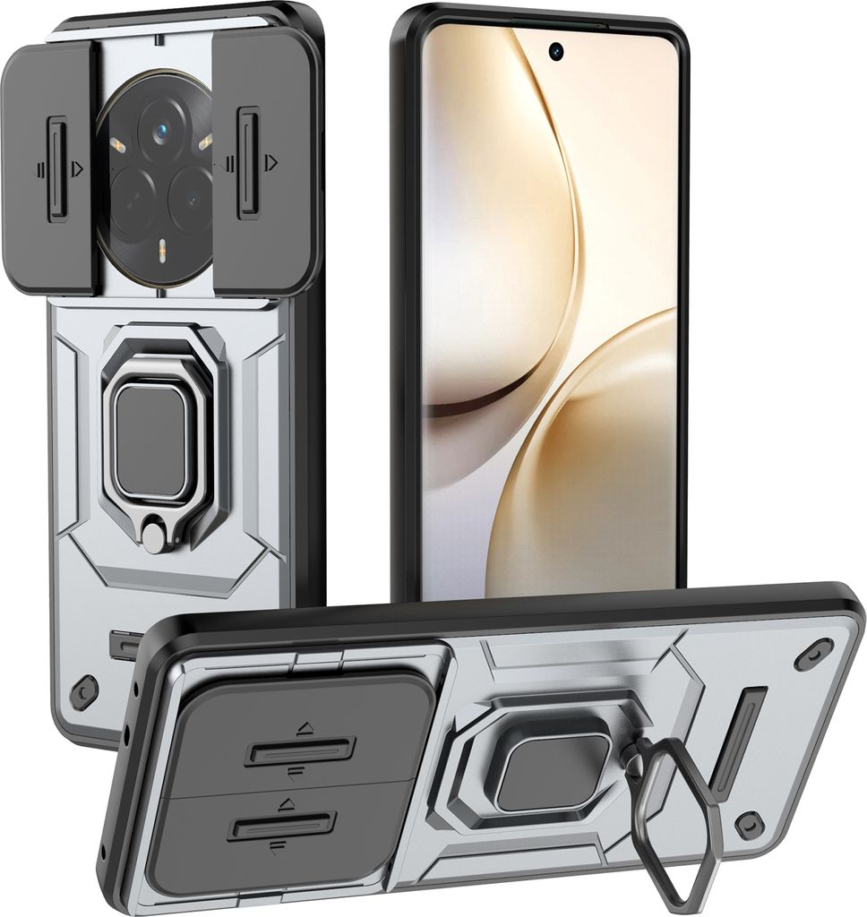 Hülle für Realme 14 Pro 5G Dual Layer Handyhülle Schiebe Kamera Schutz und Ringhalter Ständer Grau
